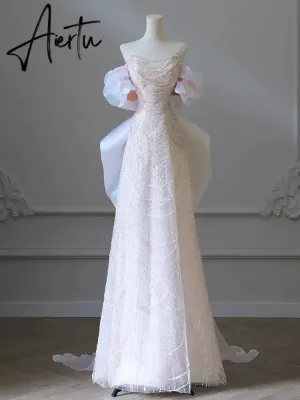 Aiertu White Luxury Senior Evening Dresses Bow Strapless Beading Off The Shoulder Shiny Sequin Cockital Host Party Evening Prom Gown