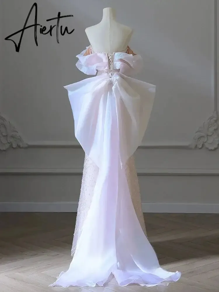 Aiertu White Luxury Senior Evening Dresses Bow Strapless Beading Off The Shoulder Shiny Sequin Cockital Host Party Evening Prom Gown