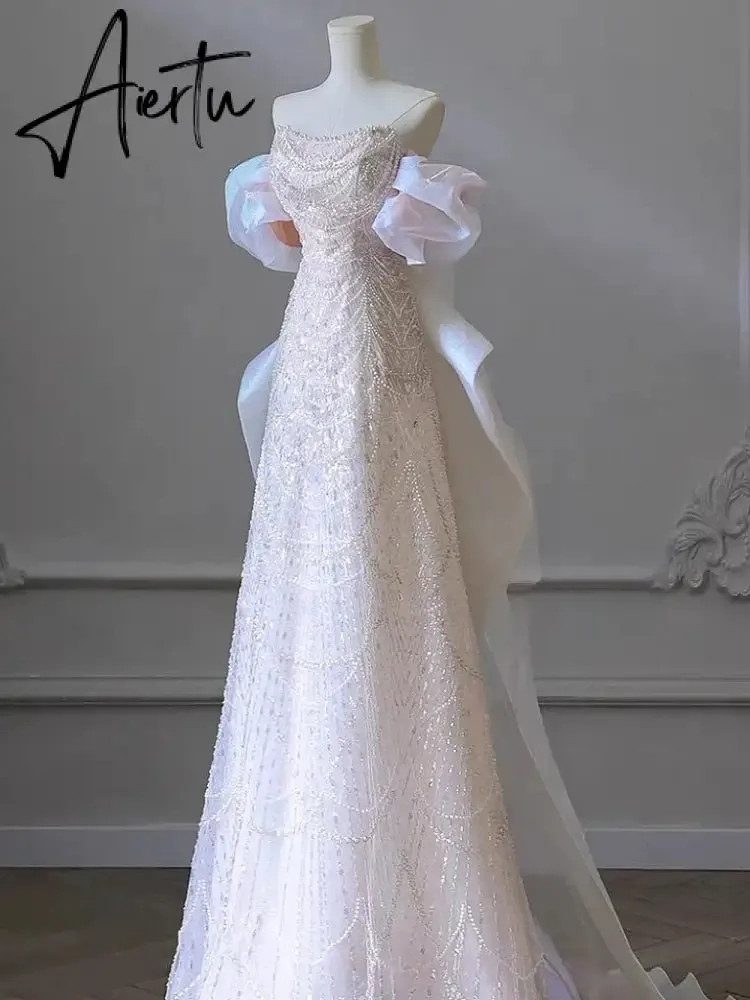 Aiertu White Luxury Senior Evening Dresses Bow Strapless Beading Off The Shoulder Shiny Sequin Cockital Host Party Evening Prom Gown