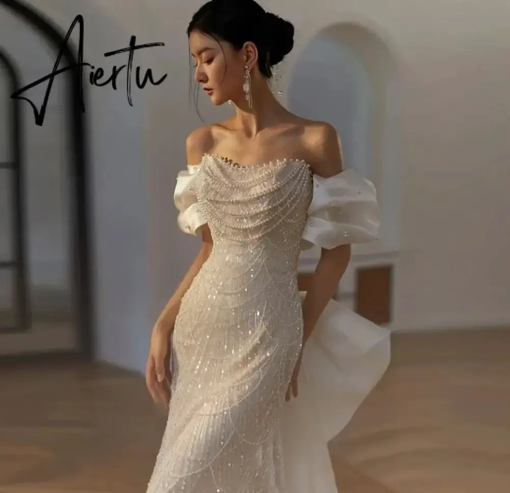 Aiertu White Luxury Senior Evening Dresses Bow Strapless Beading Off The Shoulder Shiny Sequin Cockital Host Party Evening Prom Gown