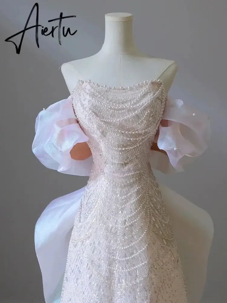 Aiertu White Luxury Senior Evening Dresses Bow Strapless Beading Off The Shoulder Shiny Sequin Cockital Host Party Evening Prom Gown