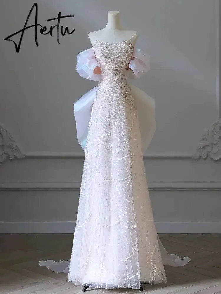 Aiertu White Luxury Senior Evening Dresses Bow Strapless Beading Off The Shoulder Shiny Sequin Cockital Host Party Evening Prom Gown