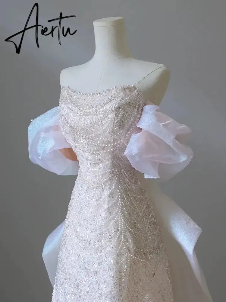 Aiertu White Luxury Senior Evening Dresses Bow Strapless Beading Off The Shoulder Shiny Sequin Cockital Host Party Evening Prom Gown