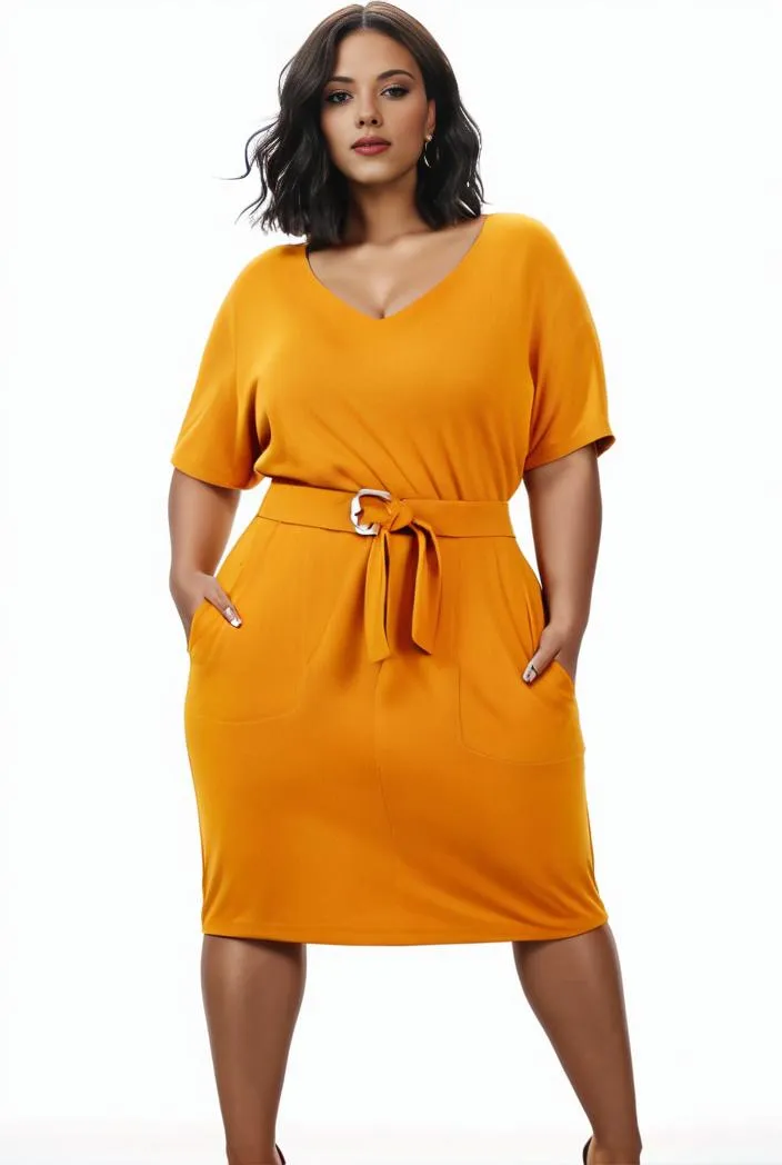 'Faithful Journey' Plus Size V-Neck Midi Dress with Pockets