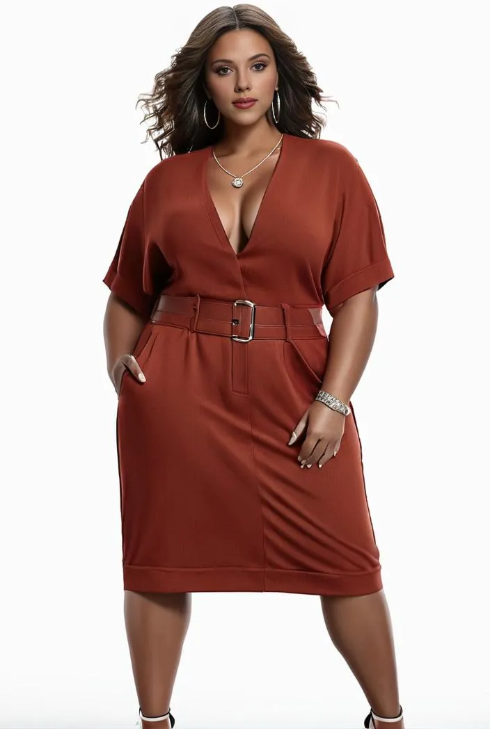 'Faithful Journey' Plus Size V-Neck Midi Dress with Pockets