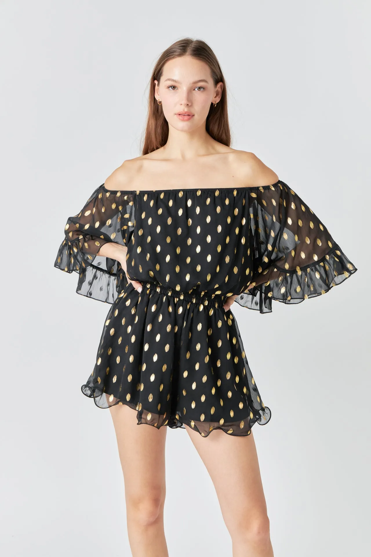 Foil Print Off-Shoulder Romper