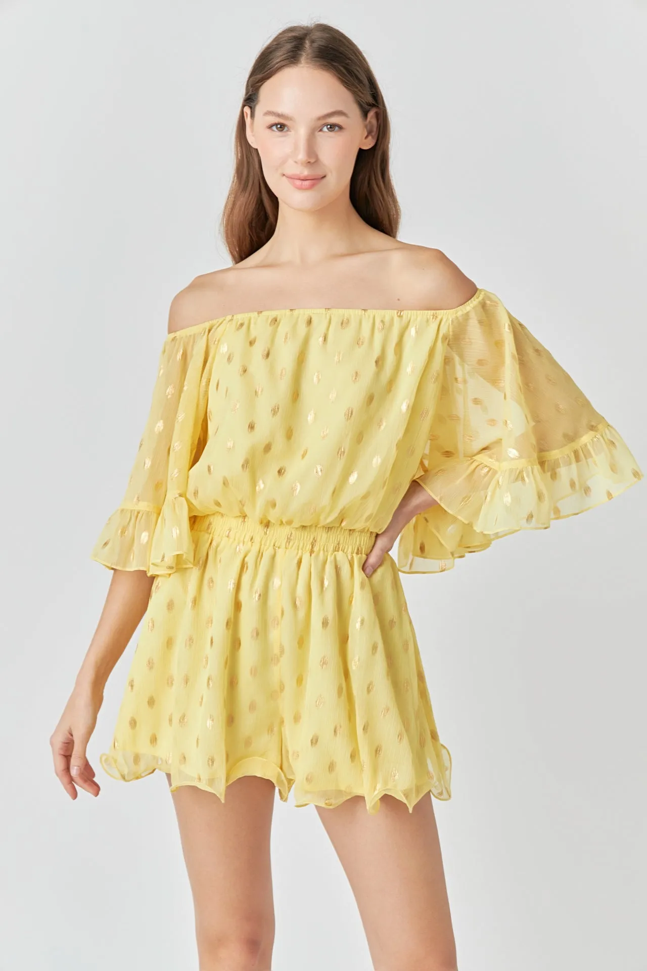 Foil Print Off-Shoulder Romper