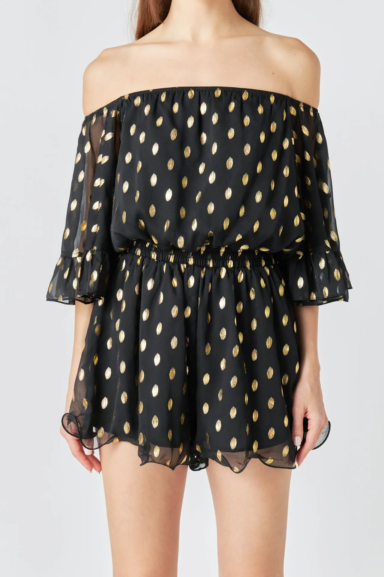 Foil Print Off-Shoulder Romper