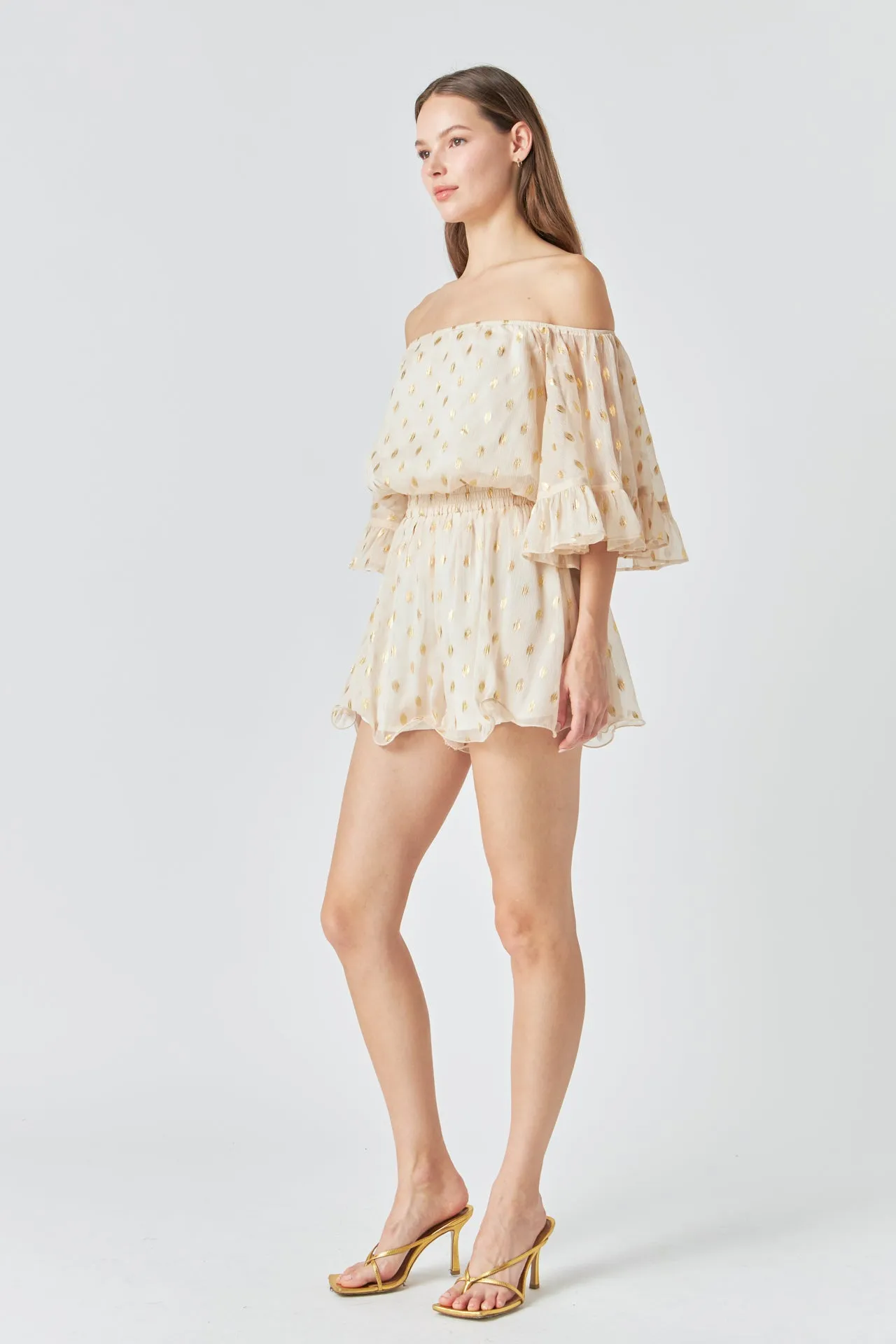 Foil Print Off-Shoulder Romper