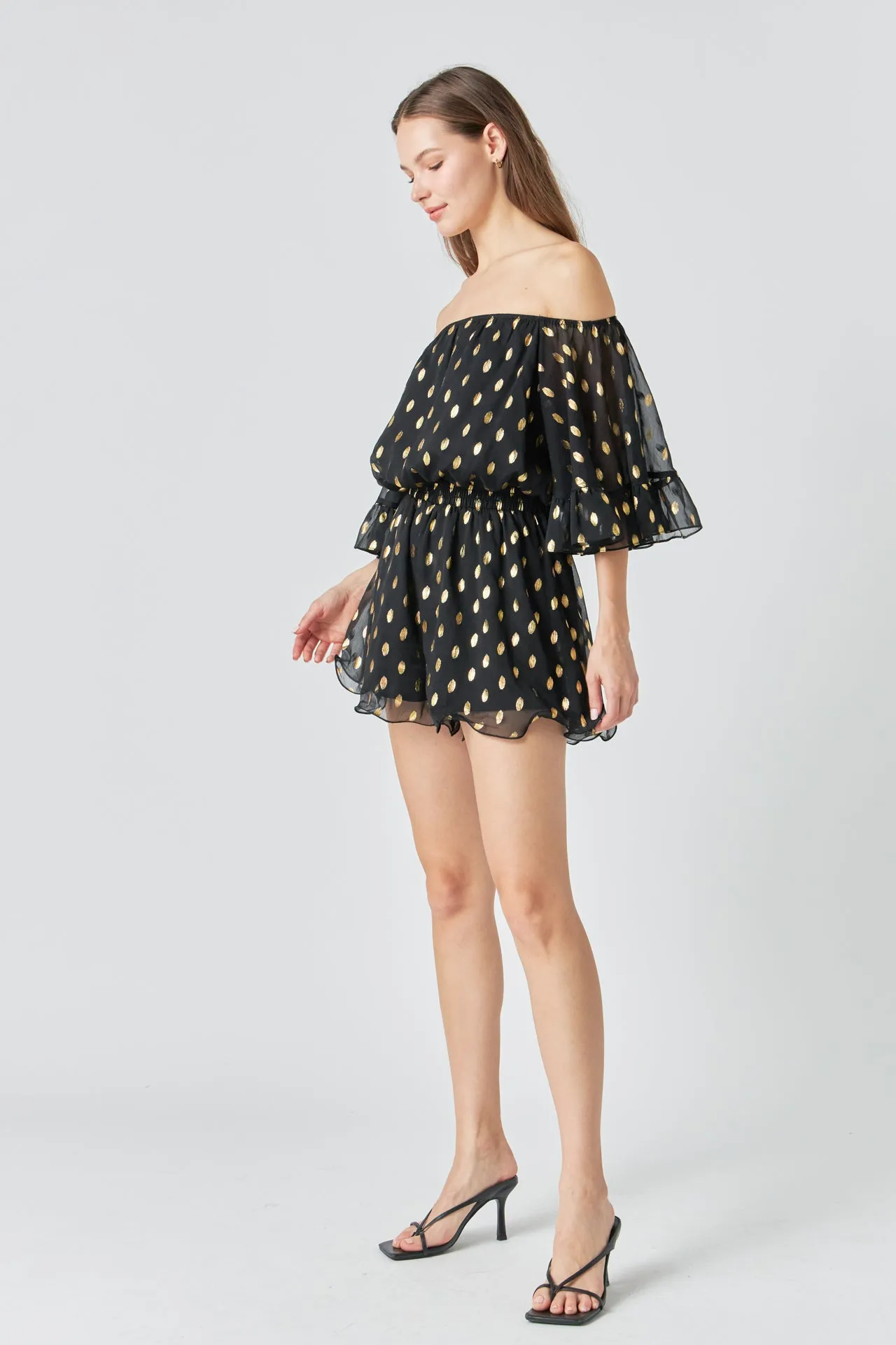 Foil Print Off-Shoulder Romper