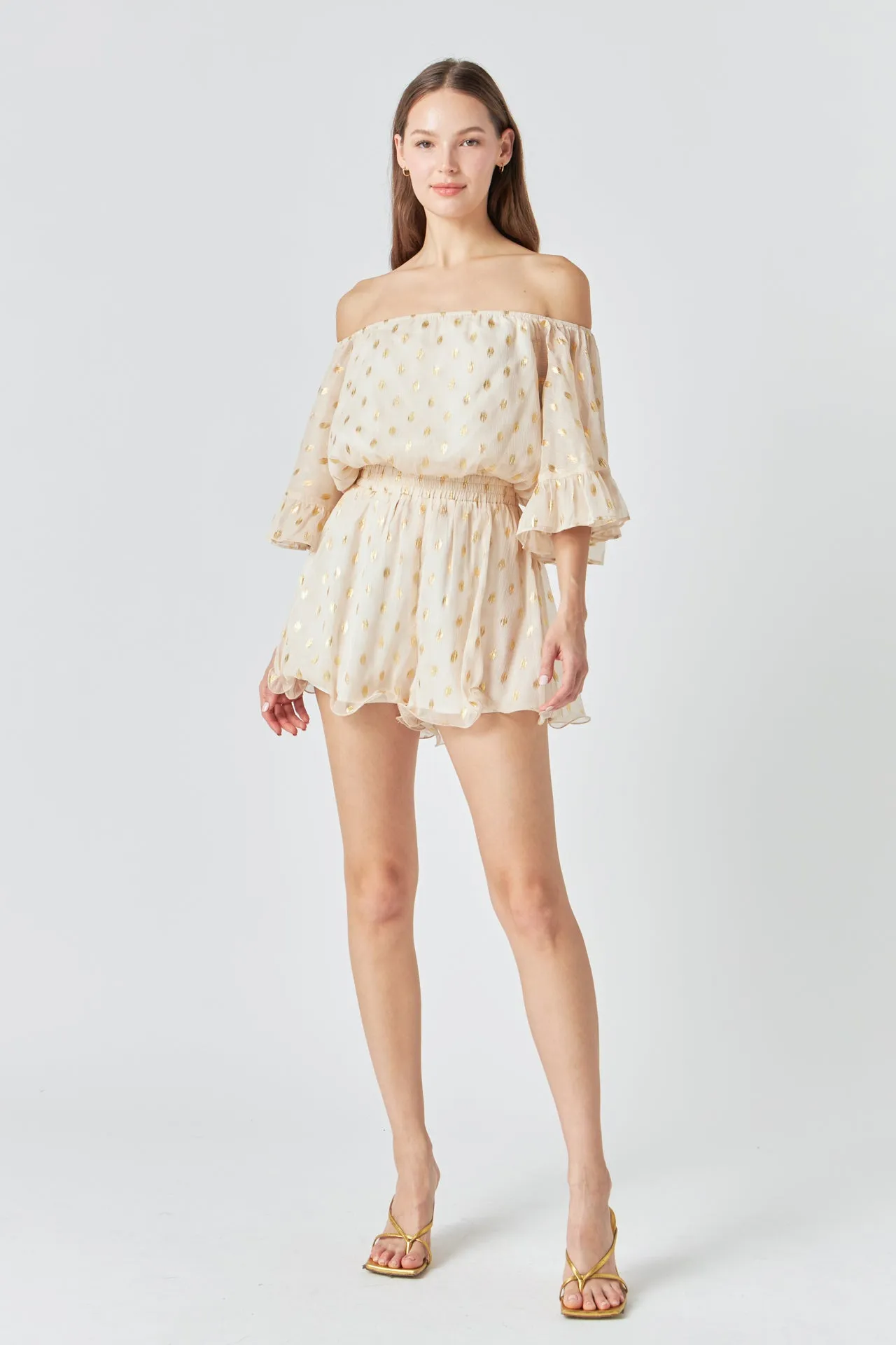 Foil Print Off-Shoulder Romper