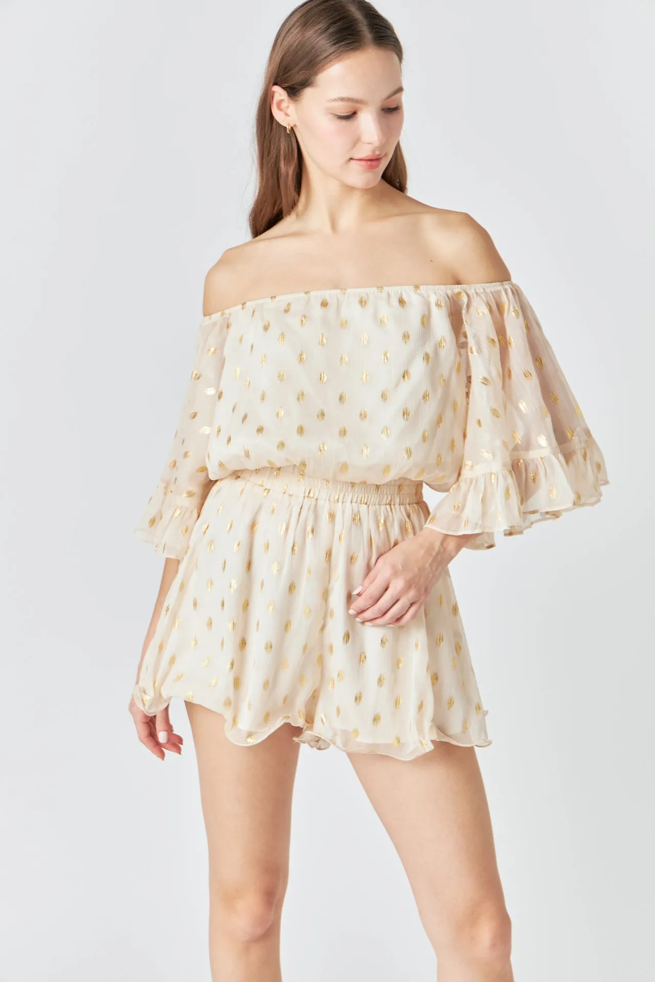 Foil Print Off-Shoulder Romper