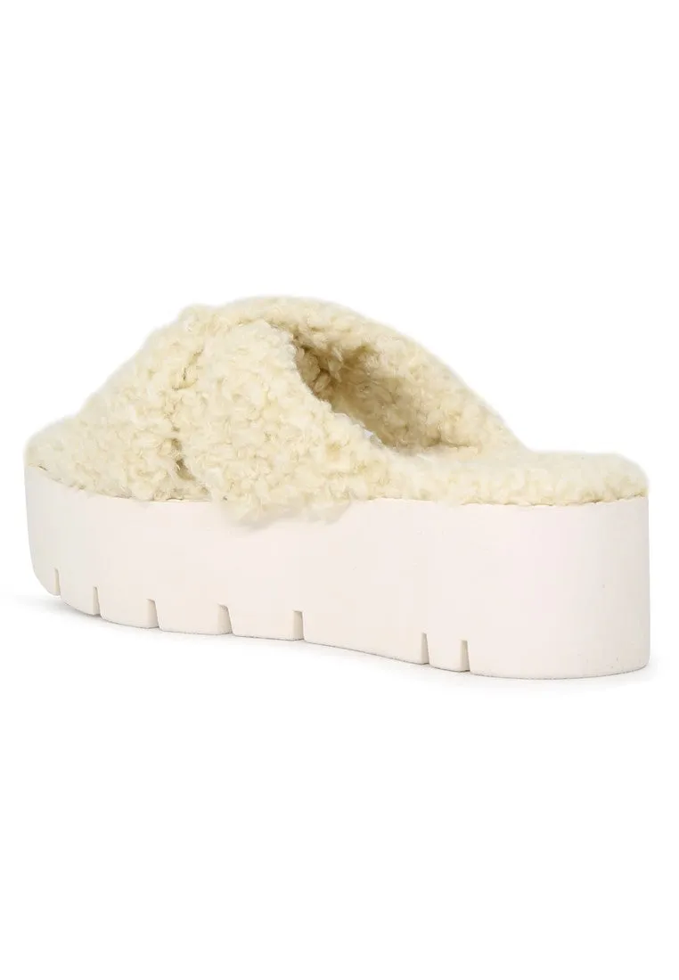 Natural Color Fur CrossStrap Flatforms