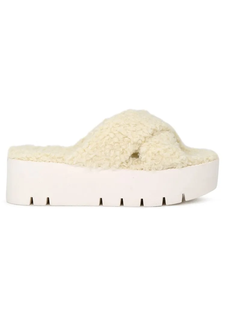 Natural Color Fur CrossStrap Flatforms