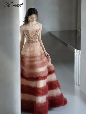 TAVIMART -  Sweet Pink Gradient Evening Dresses Strapless Print A-Line Luxury Palace Wedding Prom Party Bridesmaid Gowns New