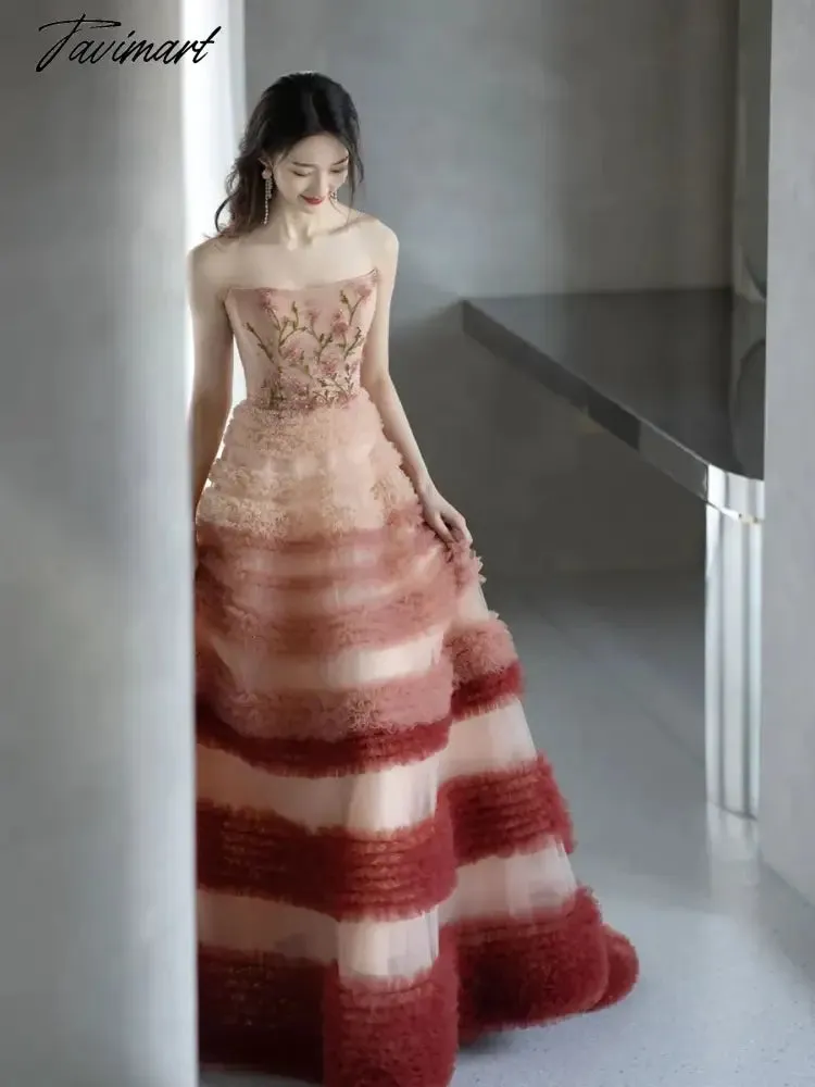 TAVIMART -  Sweet Pink Gradient Evening Dresses Strapless Print A-Line Luxury Palace Wedding Prom Party Bridesmaid Gowns New