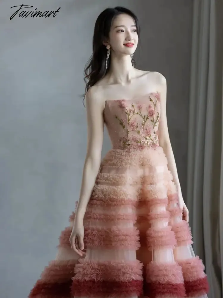 TAVIMART -  Sweet Pink Gradient Evening Dresses Strapless Print A-Line Luxury Palace Wedding Prom Party Bridesmaid Gowns New