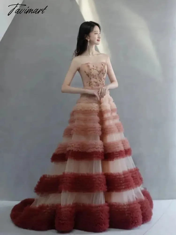 TAVIMART -  Sweet Pink Gradient Evening Dresses Strapless Print A-Line Luxury Palace Wedding Prom Party Bridesmaid Gowns New