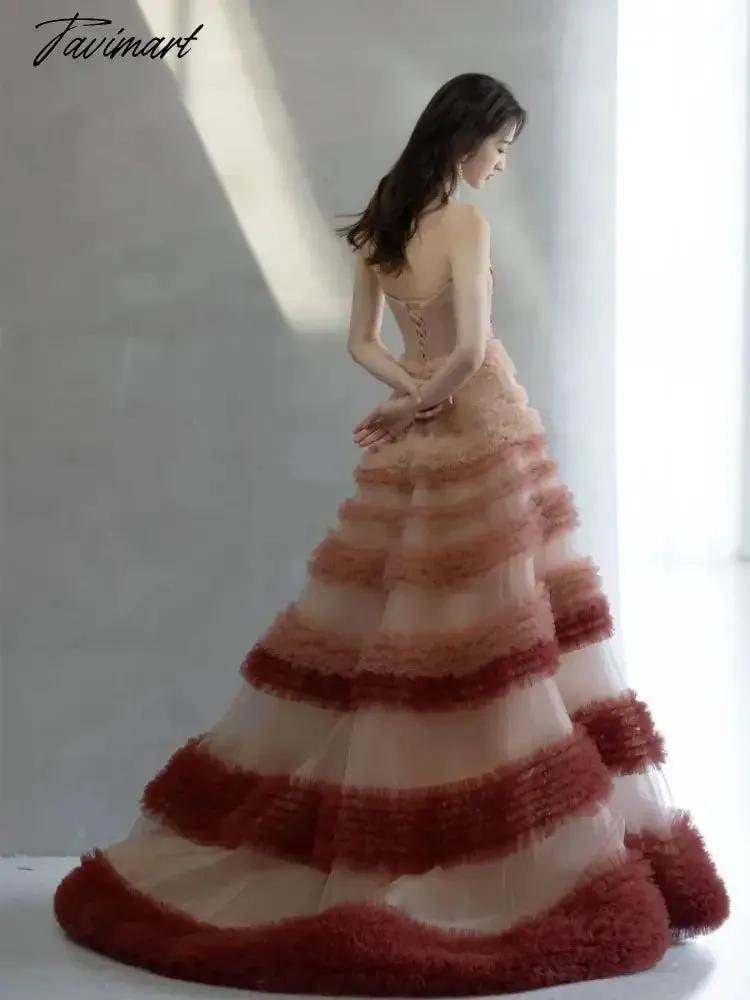 TAVIMART -  Sweet Pink Gradient Evening Dresses Strapless Print A-Line Luxury Palace Wedding Prom Party Bridesmaid Gowns New