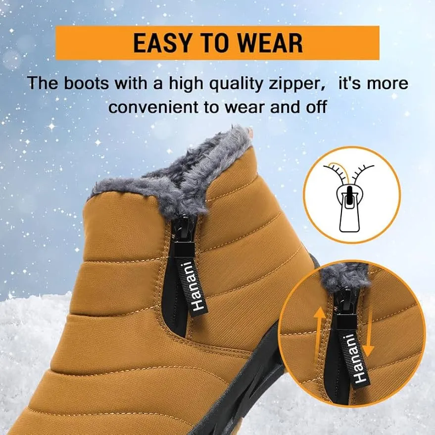 Warm Lined Snow Boots Zip Short Shaft Boots Flat Outdoor Comfortable Non-slip & Waterproof Winter Barefoot Shoe (Unisex)